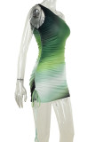 Green Sexy Gradient Color Patchwork Backless Ruched Strap Design Oblique Collar Wrapped Skirt Dresses