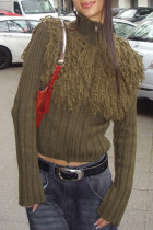 Army Green Street Solid Color Fringed Trim Patchwork Zipper Zipper Collar Outerwear