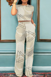 Grey Casual Geometric Print Pocket Patchwork O Neck Short Sleeve Two Pieces
