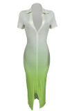 Gradient Color Elegant Gradient Color Patchwork Slit Deep V Neck Wrapped Skirt Dresses