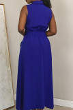 Blue Elegant Solid Color Pocket Buckle Patchwork Turndown Collar Long Dresses