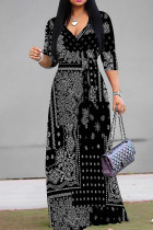 Black And White Elegant Print Patchwork Strap Design V Neck Long Dresses