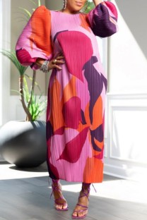 Pink Casual Print Basic O Neck Long Dresses (Without Belt)