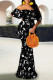 Black Elegant Floral Print Contrast Off Shoulder One Step Skirt Dresses