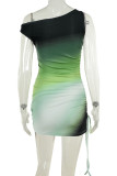 Green Sexy Gradient Color Patchwork Backless Ruched Strap Design Oblique Collar Wrapped Skirt Dresses