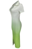 Gradient Color Elegant Gradient Color Patchwork Slit Deep V Neck Wrapped Skirt Dresses