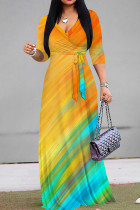 Blue Orange Elegant Print Patchwork Strap Design V Neck Long Dresses