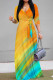 Blue Orange Elegant Print Patchwork Strap Design V Neck Long Dresses