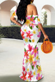 Black Elegant Floral Print Contrast Off Shoulder One Step Skirt Dresses