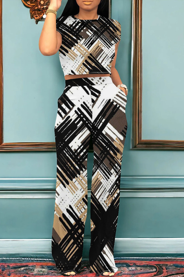 Black Casual Geometric Print Pocket Patchwork O Neck Short Sleeve Two Pieces