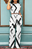 Grey Casual Geometric Print Pocket Patchwork O Neck Short Sleeve Two Pieces
