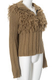 Army Green Street Solid Color Fringed Trim Patchwork Zipper Zipper Collar Outerwear