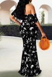 Black Elegant Floral Print Contrast Off Shoulder One Step Skirt Dresses