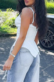 White Street Solid Color Patchwork Backless Zipper Spaghetti Strap Tops