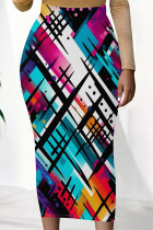 Multi-color Casual Striped Print Splashed ink printing Contrast High Waist Full Print Bottoms