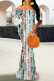 Black Pink Elegant Geometric Print Striped Print Contrast Off Shoulder One Step Skirt Dresses