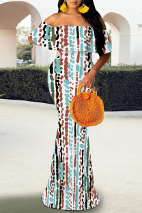 Stripe Elegant Geometric Print Striped Print Contrast Off Shoulder One Step Skirt Dresses
