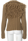 Army Green Street Solid Color Fringed Trim Patchwork Zipper Zipper Collar Outerwear