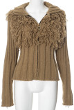Army Green Street Solid Color Fringed Trim Patchwork Zipper Zipper Collar Outerwear
