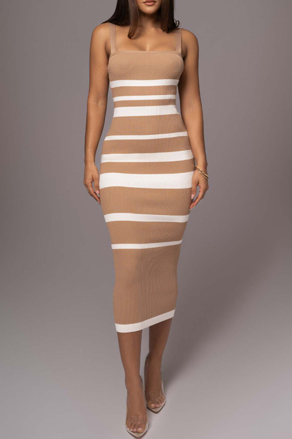 Camel Sexy Stripe Patchwork Backless Contrast Square Neck Wrapped Skirt Dresses