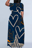 Multicolor Casual Striped Print Love Print Contrast O Neck Printed Plus Size Dresses