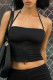 Black Sexy Solid Color Patchwork Backless Zipper Halter Tops