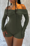Army Green Sexy Solid Color Patchwork Ruched Off Shoulder Skinny Rompers