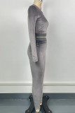 Silver Gray Casual Solid Color Patchwork O Neck Long Sleeve Two Pieces