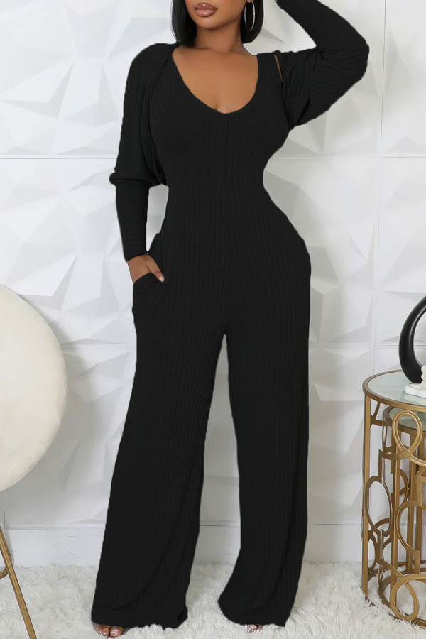 Black Street Solid Color Pocket Patchwork Backless V Neck Sleeveless Two Pieces