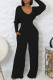Black Street Solid Color Pocket Patchwork Backless V Neck Sleeveless Two Pieces