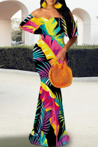 Yellow Red Elegant Print Patchwork Backless Off Shoulder Long Dresses