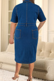 Blue Street Solid Color Pocket Buckle Patchwork Turndown Collar Wrapped Skirt Plus Size Dresses