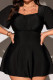 Black Sexy Solid Color Draw String Patchwork Square Neck A Line Plus Size Swimwear(Two Pieces)