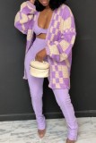 Purple Casual Plaid Cardigan Outerwear