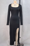 Black Sexy Solid Color Patchwork High Slit Square Neck Wrapped Skirt Dresses
