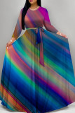 Purplish Blue Elegant Print Patchwork Strap Design O Neck A Line Dresses