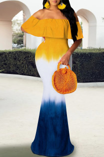 Blue White Elegant Print Patchwork Backless Off Shoulder Long Dresses