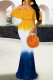 Blue White Elegant Print Patchwork Backless Off Shoulder Long Dresses