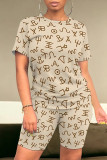 Khaki Casual Daily Striped Print Love Print Contrast O Neck Short Sleeve Two Pieces