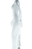 White Sexy Solid Color Hollow Out Patchwork Backless Slit Asymmetrical Collar Long Dresses