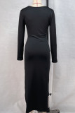 Black Sexy Solid Color Patchwork High Slit Square Neck Wrapped Skirt Dresses