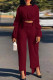 Burgundy Casual Solid Color Patchwork O Neck Long Sleeve Two Pieces