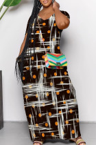Black Yellow Elegant Print Pocket Patchwork V Neck Long Dresses