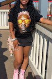 Black Casual Street Figure Print O Neck T-Shirts