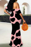Pink Elegant Print Patchwork Backless Ruffled Trim Off Shoulder Long Dresses