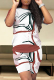 Khaki Casual Daily Striped Print Love Print Contrast O Neck Short Sleeve Two Pieces