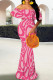 Pink Elegant Stripe Patchwork Backless Off Shoulder Long Dresses