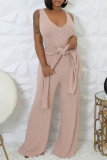 Black Street Solid Color Pocket Patchwork Backless V Neck Sleeveless Two Pieces