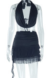 Black Sexy Solid Color Patchwork Backless Ruched Stringy Selvedge Halter Sleeveless Two Pieces