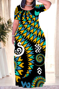 Multicolor Casual Striped Print Love Print Contrast O Neck Printed Plus Size Dresses